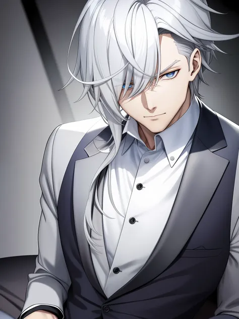 man, silver-haired, wearing a suit, sitting on sofa in room, upper body, shredded, ((handsome)), bishonen, (diagonal eyes)), big...