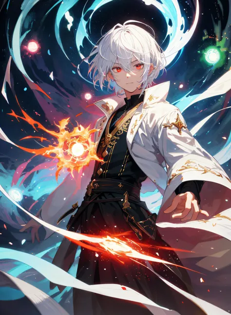 a painting that represents the essence of magic in your world, showing the white-haired, red-eyed protagonist with a mystical bl...