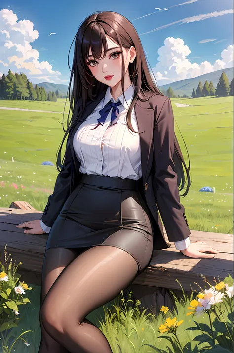 4k, meadow, pasture, dirt road, clear sky with some clouds, bushes,depravity,thick thighs, woman, teacher, pencil skirt, lipstic...