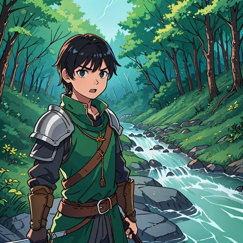 ((background, forest, clear sky, small river flowing aside, medieval fantasy)), boy, black hair, leather armor, clothes gray, iron shoulder rest, iron hand back, metal sword, boy small on the right of the screen, sense of life, holding the sword high, face...