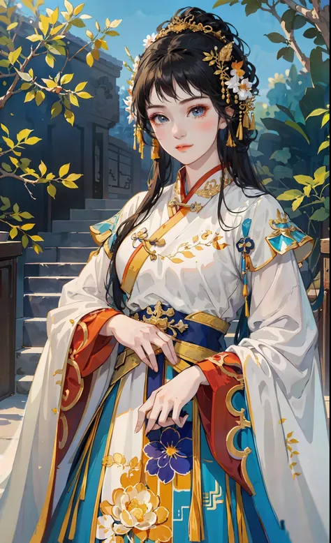 A girl, ancient Chinese costume, whole body, sunshine, clear face, clean white background, masterpiece, super detail, epic composition, ultra HD, high quality, extremely detailed, official art, uniform 8k wallpaper, super detail, 32k