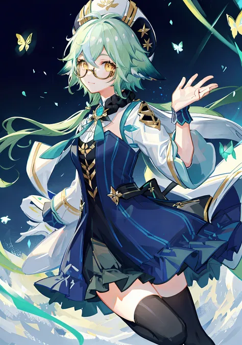 8k, super detail, masterpiece,super detail, high quality, high resolution, high detail, face detail, happiness, teal hair with animal ears, yellow eyes, wearing glasses, short hair, wearing hat, long black socks, glowing butterflies, jumping, wind swirls