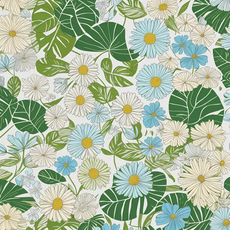 flat illustration, size 16:9, spring flowers with leaves, white background, design for towel fabric --auto --s2