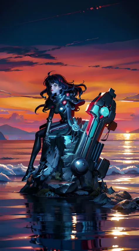 Best quality, refined face, slim body, metal body, small bust, technologically full of cyberpunk style, 25-year-old girl sitting on the beach, metal structural skeleton, a huge spaceship floating in the background, waves crashing on the shore, a romantic e...