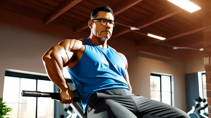 guttonetdvision4, a detailed illustration of a 48-year-old man with glasses, sitting in a gym, performing a training on the leg extension machine. The illustration would be inspired by the style of designer Alex Ross, known for his realistic and intricate ...