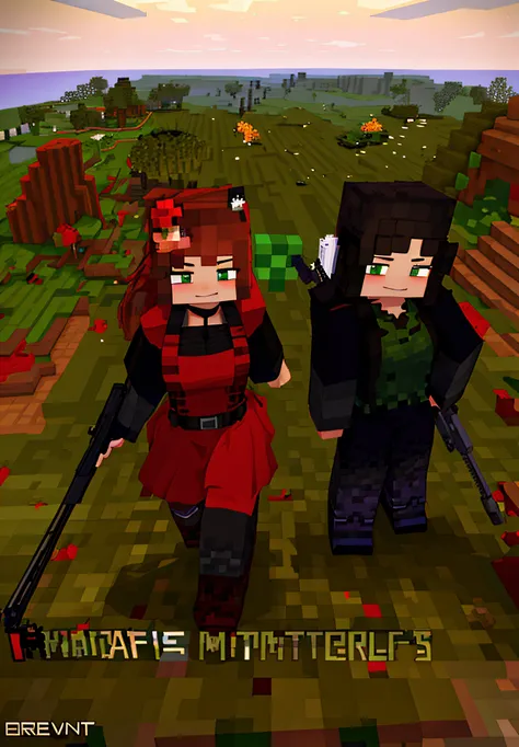 minecraft, RTX, girls'_frontline, 2girls, red_dress, black_long_gloves, holding_weapon, ump_45, ump_9, forest, sunrise, morning_afterglow, dew_drops, partially_cloudy, grass, looking_at_viewer, pov, smug, smirk, naughty_face
