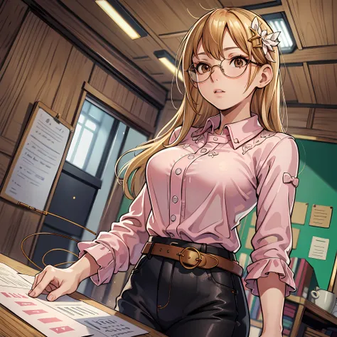 (Masterpiece, Best Quality), Octoppelganger Composition, Intricate Details, Flat Perspective, 8K, ArtStation, Wallpaper, Official Art, Splash Art, Sharp Focus, Background Office Panorama, 1 Girl, TS2, Blonde Hair, Brown Eyes, Pink Shirt, Black Long Pants, ...