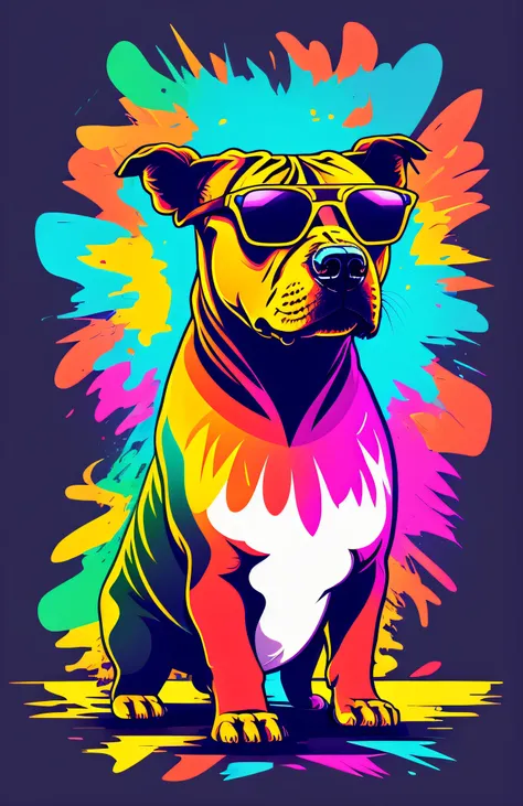 t-shirt graphic design art, flat illustration of a retro aggressive pitbull wearing sunglasses, colorful tones, highly detailed ...