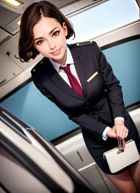 ultra realistic photograph, raw professional photograph, 1girl, 23yo, flight attendant, brown hair, standing, elegant vintage st...