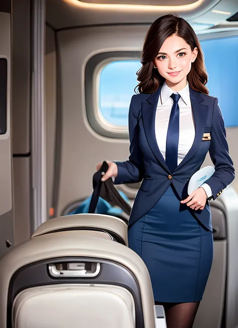 ultra realistic photograph, raw professional photograph, 1girl, 23yo, flight attendant, brown hair, standing, elegant blue vinta...