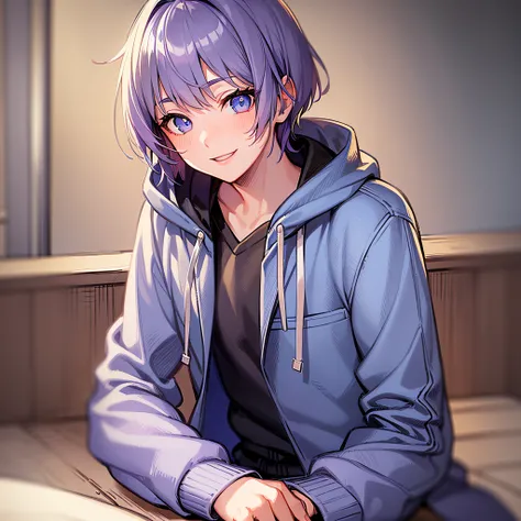 ((Masterpiece)), (Best Quality)), (Super Detailed), ((Cute)), Cute, (Lovely), Anime Style, School, ((Boy)), Solo, Gray hoodie, Blazer Uniform, Beautiful purple hair, Beautiful blue eyes, ((Beautiful eyes)), (((Bowlcut)), Smile