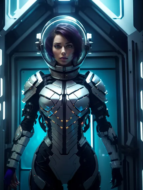 (full body photo:1.5), (one/woman/mechanical:1.5), (extremely large breasts:1.5), (all mechanical body:1.5), (with bionic armor:1.5), white with black gears, (she is inside a spaceship near the window seeing outer space:1.5), (she has very short purple str...