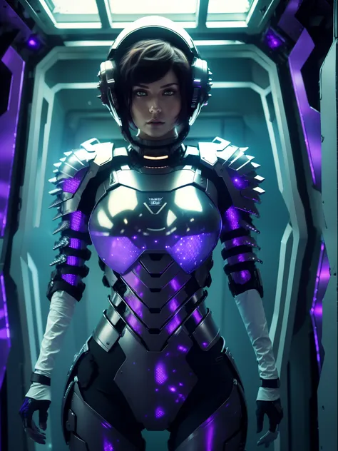 (full body photo:1.5), (one/woman/mechanical:1.5), (extremely large breasts:1.5), (all mechanical body:1.5), (with bionic armor:1.5), white with black gears, (she is inside a spaceship near the window seeing outer space:1.5), (she has very short purple str...