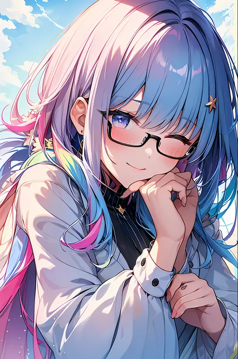 (Masterpiece, Top Quality, Best Quality, Watercolor (Medium), Official Art, Beautiful and Aesthetic: 1.2), (1 Girl: 1.3), (Fractal Art: 1.3), Upper Body, From the Side, Look at the Viewer, Pattern, (Iridescent Hair, Colorful Hair, Half Blue and Half Pink H...