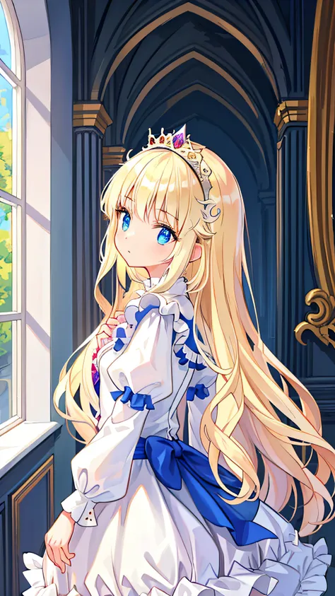 beautiful illustration, best quality, cute girl, indoor, (princess), white dress, tiara, (petite), blond long hair, from side, castle, cowboy shot