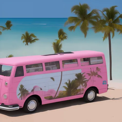 a wagen bus runs on the beach with a surfboard on the roof, the car paint is mainly white and pink, and the side of the wagen bu...