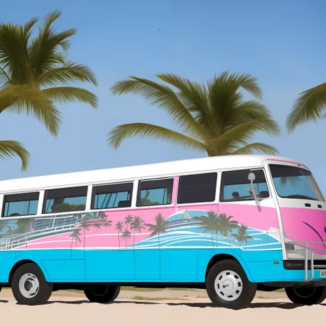 a wagen bus runs on the beach with a surfboard on the roof, the car paint is mainly white and pink, and the side of the wagen bu...