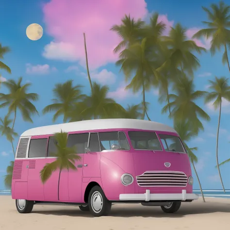 a wagen bus runs on the beach with a surfboard on the roof, the car paint is mainly white and pink, and the side of the wagen bu...