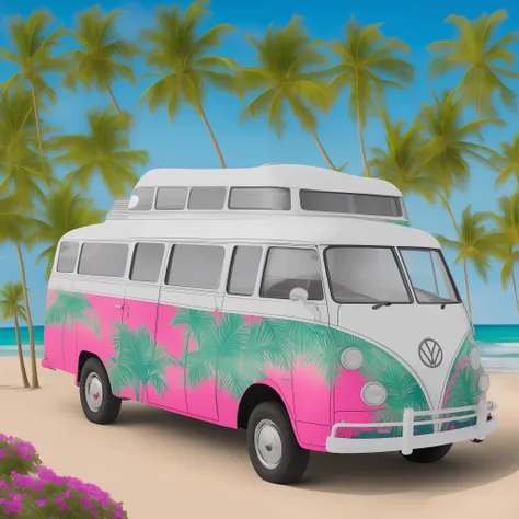 a wagen bus runs on the beach with a surfboard on the roof, the car paint is mainly white and pink, and the side of the wagen bu...