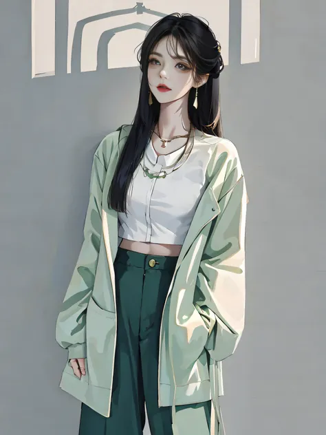 Woman posing for photo in green coat and green pants, Guvez style artwork, realistic art style