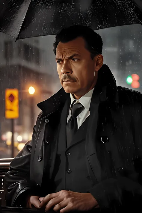 guttonerdvision4, (masterpiece, best quality: 1.2), ultra-detailed face, (soft colors: 1.2, dark studio, rim lighting, two-tone lighting, dim light, low tone, ), ((heavy rain weather)), long leather raincoat, a poster for a (style) of the 1930s, noir detec...