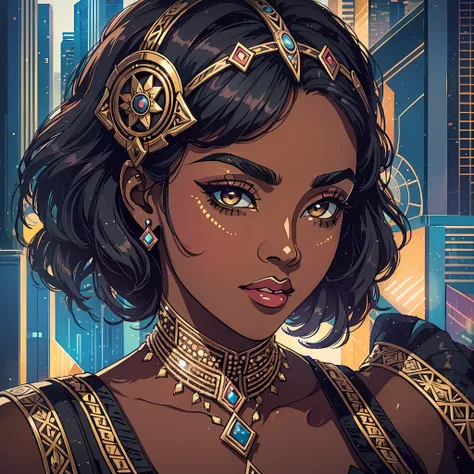 (a young woman:1.2)| (a girl:1.1), dark skin, portrait, makeup, super detailed, Art Deco style, city, direct look, contoured.