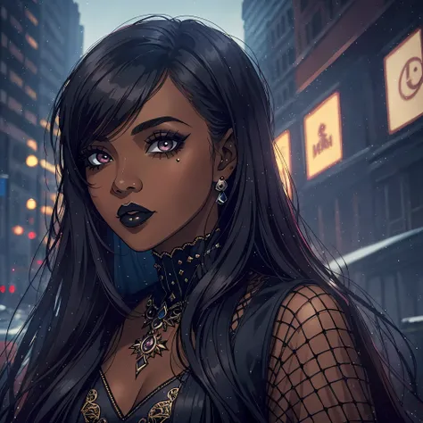 (a young woman:1.2)| (a girl:1.1), dark skin, portrait, makeup, super detailed, Gothic style, city, direct look, contoured.