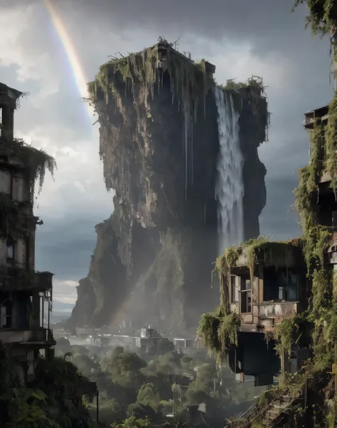overgrown postapocalyptic ruins, birds in the sky, a rainbow, waterfall : : close shot : : 3 5 mm, realism, octane render, 8 k, exploration, cinematic, trending on artstation, realistic, 3 5 mm camera, unreal engine, hyper detailed, photo - realistic maxim...