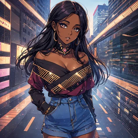 (a young woman:1.2)| (a girl:1.1), dark skin, portrait, makeup, super detailed, Manga/Anime style
, city, direct look, contoured.