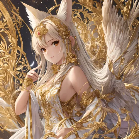 (best quality, masterpiece), celestial, a beautiful angel, has wings,(long fox ears:1.2) with golden tips, (little mini wings on...