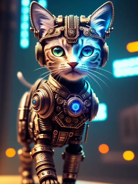 one cute metal kitten, cyborg, cyberpunk style, ((intricate details)), hdr, ((intricate detail, hyperdetail)), cinematic shot, vignette