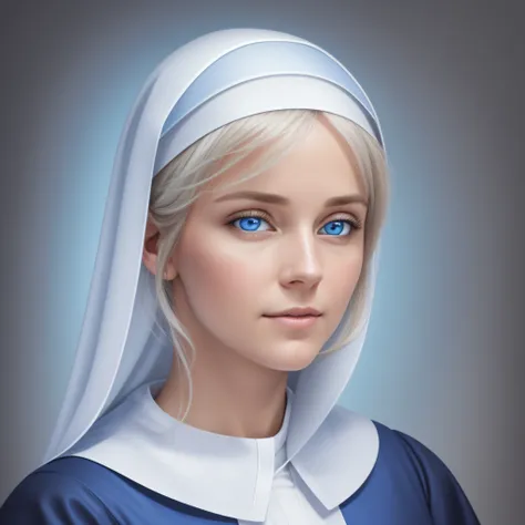 A photorealistic portrait of a white young nun, 30 years old, blue eyes, short blond hair, with a light blue medieval nun habit. On a solid background