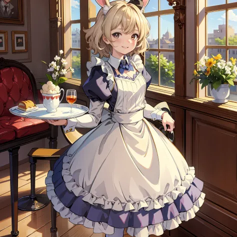 masterpiece, 1girl, rabbit ears, maid outfit, holding tray,indoors, restaurant, smile, thighs, happy, (iwanagakotoko:0.9), ultra detailed, beautiful body, beautiful face, blonde hair, short hair, iwanaga kotoko, cute, good anatomy, highest quality, fullbo...