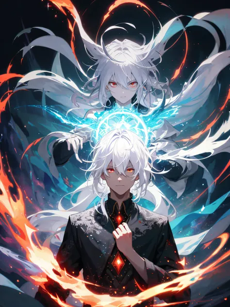 a painting that represents the essence of magic in his world, showing the white-haired, red-eyed protagonist with a mystical black mark on his neck immersed in a cascade of magical energy, with glowing particles dancing around him and arcane symbols formin...