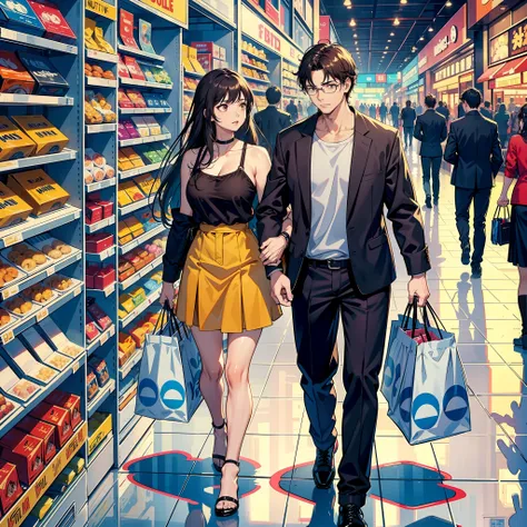 full body, a man and woman couple shopping in a crowded mall, looking each other, ((arguing each other while buy something)), ca...