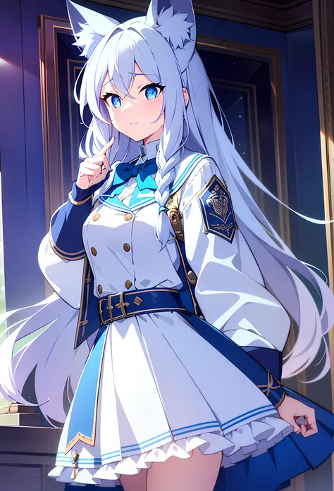{Masterpiece, extremely detailed, 8k ultra HD}, best quality, {{duo}}, perfect body, {slim waist}, {slim waist}, long silver white hair, {{{luscious curly braided hair}}}, cat ears, {{pink inner cat ear flaps}}, {{delicate eyes}}, {{{{dark blue faded to li...