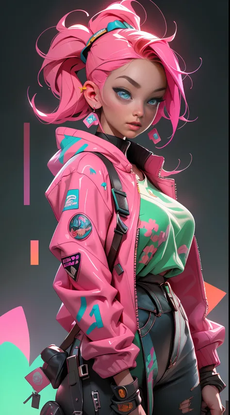 ((best quality)), ((masterpiece)), ((realistic)), (detailed), photography, redhead woman (full body), a Streetwear massively over size puffer ballenciaga puffer jacket, glossy colors, vogue perfect portrait, pink paint splash, ((street neon glow background...