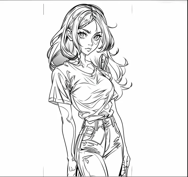 a drawing of a woman with long hair and a shirt, extremely fine ink lineart, lineart behance hd, perfect lineart, beautiful line art, clean lineart, bold lineart, drawn in the style of artgerm, thick line art, line sketch, clean anime outlines, high qualit...