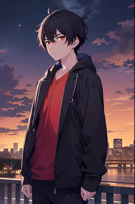 masterpiece, best quality, 1boy, black hair, standing, night sky, city, sunset, sky scrapers, bridge, black, red, orange, brown,...