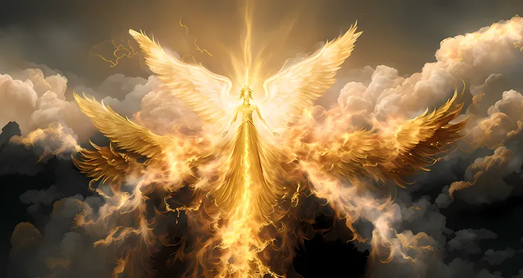 wings of a golden angel in the clouds, with fiery golden wings, epic angel wings, infinite angelic wings, wings made of light, w...