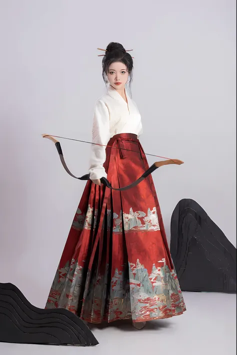 arafed woman in a red and white dress holding a bow and arrow, hanfu, traditional chinese clothing, wearing ancient chinese clothes, with acient chinese clothes, white hanfu, ancient china art style, black and red silk clothing, traditional clothes, tradit...