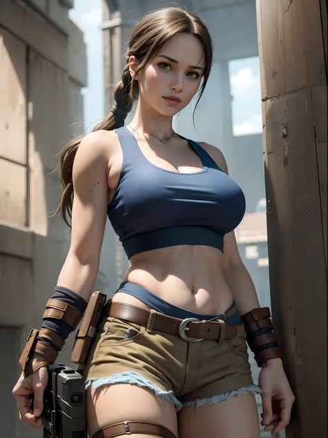 (random result), (raw style, masterpiece, best quality, hyperrealistic, highres, unreal engine,) lara croft, large breast, blue ...