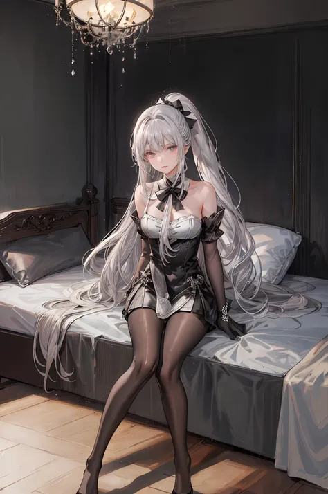 girl)), ray tracing, (dim lighting), [detailed background (bedroom)), ((silver hair)), ((silver hair)), (silver hair), (fluffy silver hair, plump and slender girl)) with high ponytail)))) avoiding blonde eyes in the ominous bedroom (((girl wearing intricat...