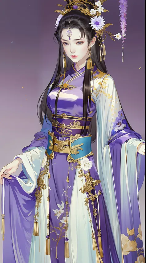 An ancient Chinese beauty, dignified temperament, flowing long skirt, clear face, beautiful eyes, purple myrtle, masterpiece, super detailed, epic composition, super HD, high quality, highest quality, 32k