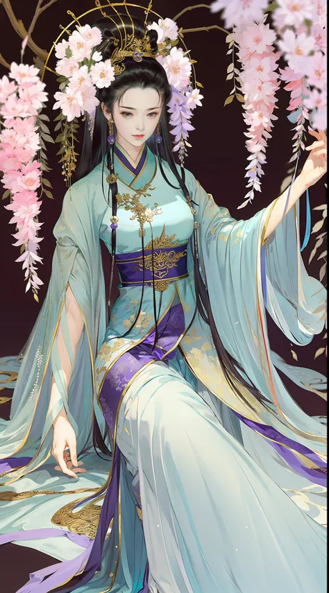 An ancient Chinese beauty, Yingluo Huanpei, beautiful temperament, flowing long skirt, clear face, beautiful eyes, purple myrtle, masterpiece, super detailed, epic composition, super HD, high quality, highest quality, 32k