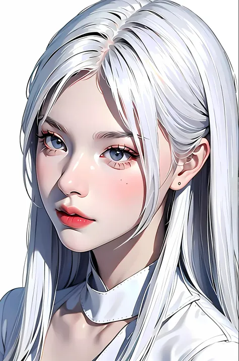 masterpiece, best quality, ((pure white background)), standing, slim albino guy, white hair, white eyelashes, white eyebrows, cold face, fair skin, black t-shirt, sad facial expression, light effect, soft, super clear, high-definition image, (front)