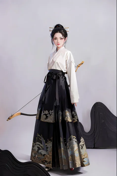 arafed woman in a black and white dress holding a bow and arrow, hanfu, white hanfu, traditional chinese clothing, with acient chinese clothes, traditional, wearing ancient chinese clothes, ancient china art style, japanese clothes, traditional clothes, ch...