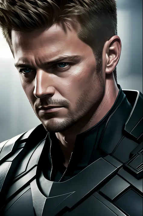 masterpiece, best quality, realistic, photorealistic, half body shot of hawkeye, marvel cinematic, detailed face, 8k, uhd, sharp...