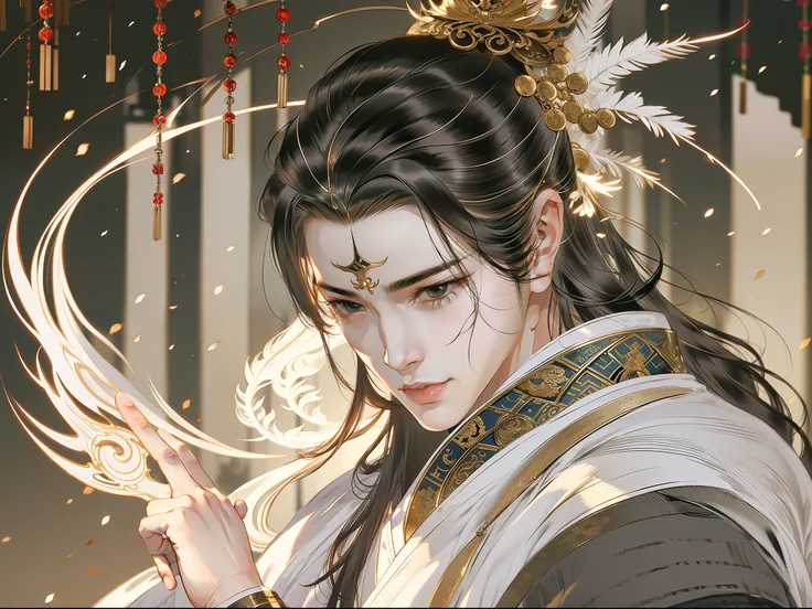 A handsome man in ancient China, sharp eyes, clear facial features, wearing Hanfu, fighting posture, mysterious temperament, clear face, beautiful eyes, masterpiece, super detailed, epic composition, super HD, high quality, highest quality, 32k