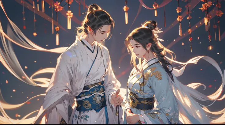 a handsome chinese boy and girl, full body, looking at each other, gentle eyes, clear facial features, wearing hanfu, body surro...